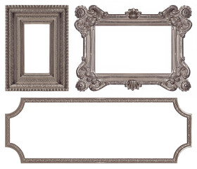 Set of silver frames for paintings, mirrors or photo isolated on white background