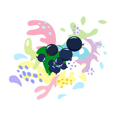 Splash and fall, movement of liquid, black currant in splashes of juice and yogurt, drops and spots. Abstract vector illustrations