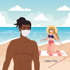 social distancing on the beach, couple wearing medical mask, new normal summer beach concept after coronavirus or covid 19 vector illustration design