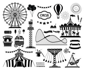 Set of silhouette icons of circus, amusement park. Carnival parks carousel attraction, fun rollercoaster and ferris wheel attractions. - obrazy, fototapety, plakaty