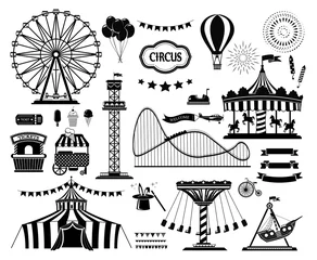 Fotobehang Set of silhouette icons of circus, amusement park. Carnival parks carousel attraction, fun rollercoaster and ferris wheel attractions. © Natasha