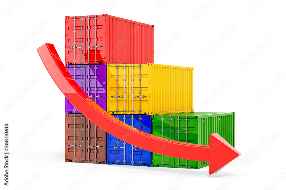 Poster cargo container with downing red arrow. 3d rendering