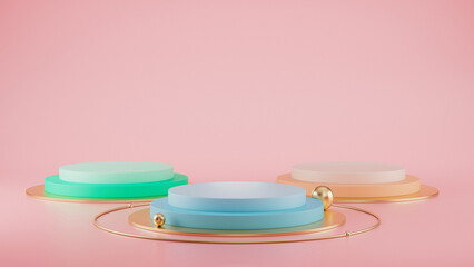 Empty pastel green blue yellow winners podium on pastel pink color background. 3D rendering.