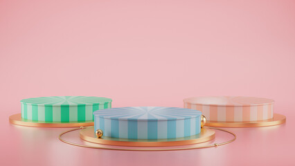 Empty pastel green blue yellow winners podium on pastel pink color background. 3D rendering.