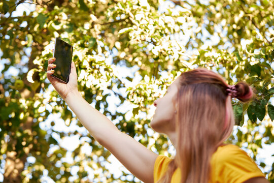 caucasian female person holding smartphone over trees background. lost mobile network signal. searching internet connection outdoors