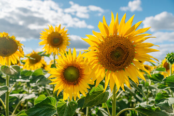 Sunflower in a field of sunflowers under blue sky and beautiful clouds in an agricultural field