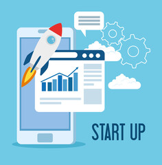 business start up concept, banner, business object startup process, rocket with smartphone and web page vector illustration design