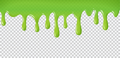 Realistic dripping slime. Green paint drips and flowing. Radioactive splashes liquid and blobs for halloween design isolated on transparent background, vector illustration.