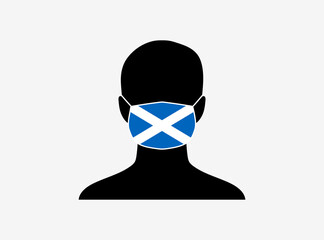 A silhouette of a person wearing a mask with the flag of Scotland on it. Vector illustration.