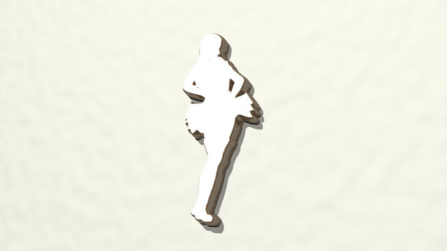 DANCER made by 3D illustration of a shiny metallic sculpture on a wall with light background. dancing and beautiful