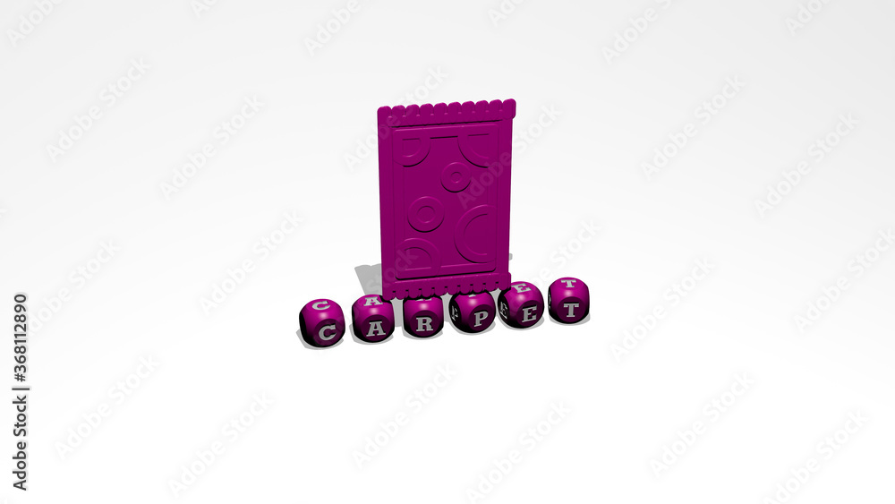 Poster 3d graphical image of carpet vertically along with text built by metallic cubic letters from the top