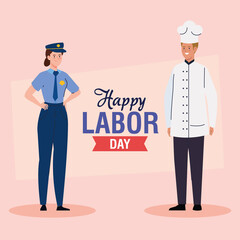 labor day poster, with woman and man of different professions, police and chef vector illustration design