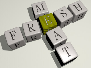 FRESH MEAT combined by dice letters and color crossing for the related meanings of the concept. background and food