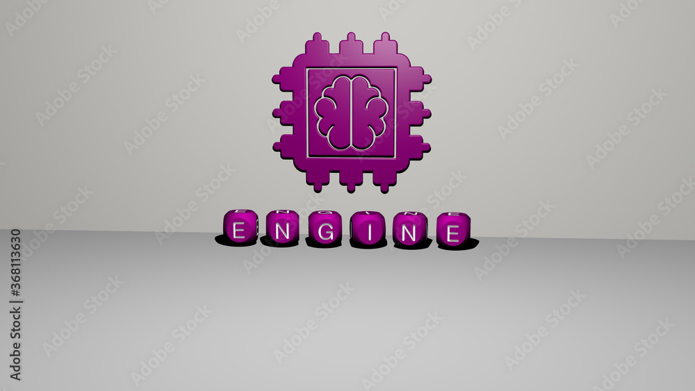 Poster 3d illustration of engine graphics and text made by metallic dice letters for the related meanings o