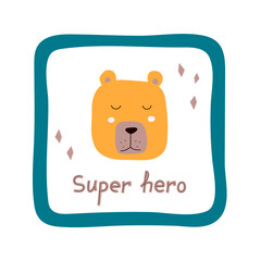 Vector flat Super hero face bear illustration style isolated on green backdrop. Beautiful design for printing greeting card, poster, t-shirt, baby clothes, fabric