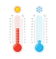 Hot and cold thermometers. Blue and red thermometers. Celsius and fahrenheit meteorology thermometers measuring heat and cold. Vector illustration