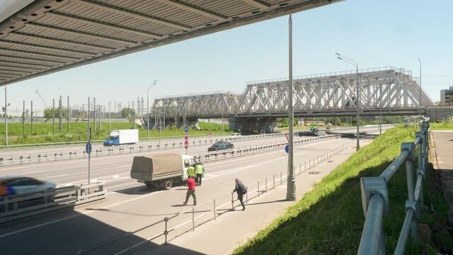 View of railway bridge over highway in Moscow.