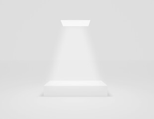 Long podium in white room. Pedestal with light background as futuristic stand concept. Blank product shelf standing backdrop. 3D rendering