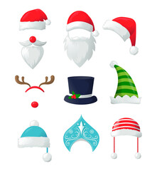 Vector set of christmas hats, antlers, mustaches. Christmas photo booth Santa, deer, snow maiden.