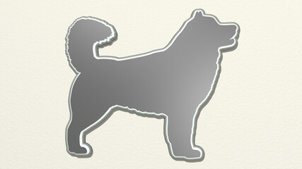 dog from a perspective on the wall. A thick sculpture made of metallic materials of 3D rendering. animal and cute