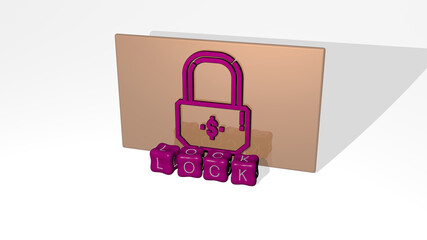 3D graphical image of LOCK vertically along with text built by metallic cubic letters from the top perspective, excellent for the concept presentation and slideshows. illustration and background