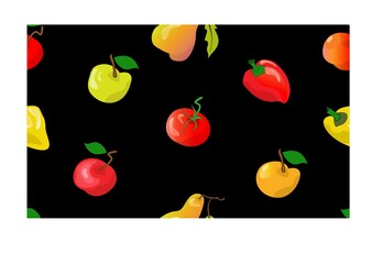 Bright fruit and vegetable pattern on black background.
Vector realistic composition.
