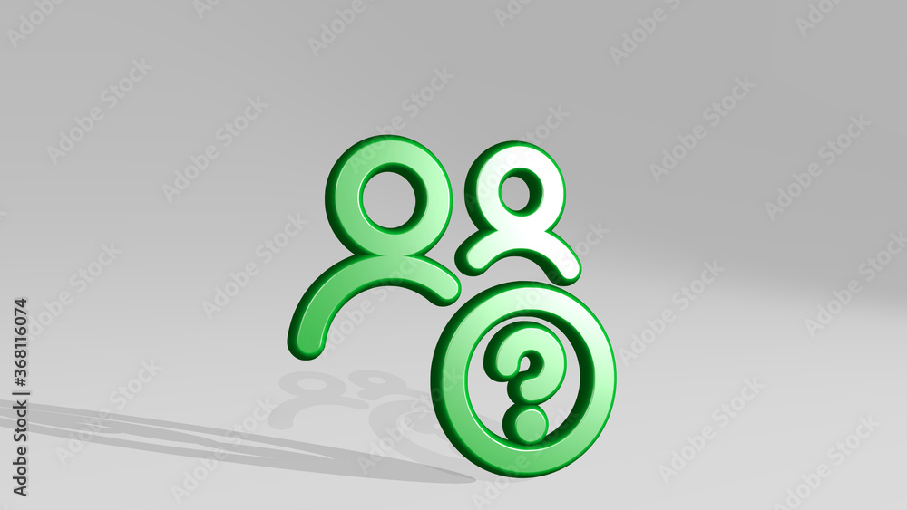 Poster multiple actions question made by 3D illustration of a shiny metallic sculpture with the shadow on light background. abstract and blue