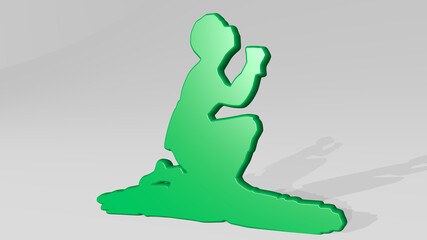 praying made by 3D illustration of a shiny metallic sculpture with the shadow on light background. hands and woman