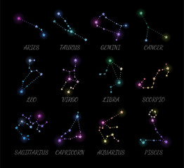 Shiny constellations of 12 zodiac signs. A pack of aries, taurus, gemini, cancer, leo, virgo, libra, scorpio, sagittarius, capricorn, aquarius, pisces. Isolated on dark background.