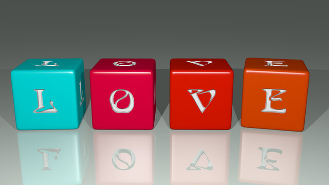 LOVE combined by dice letters and color crossing for the related meanings of the concept. illustration and background