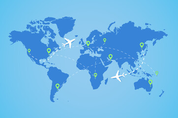 World map with plane. Aircraft planes fly air transportation track Vector illustration.