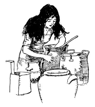 woman stirring pots, black and white clip art preview