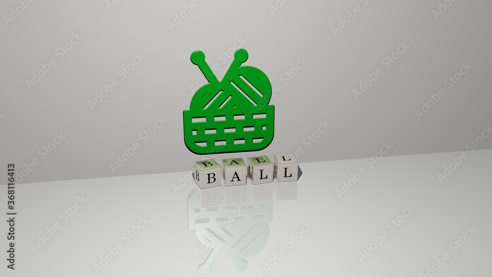 Poster 3d graphical image of ball vertically along with text built by metallic cubic letters from the top p