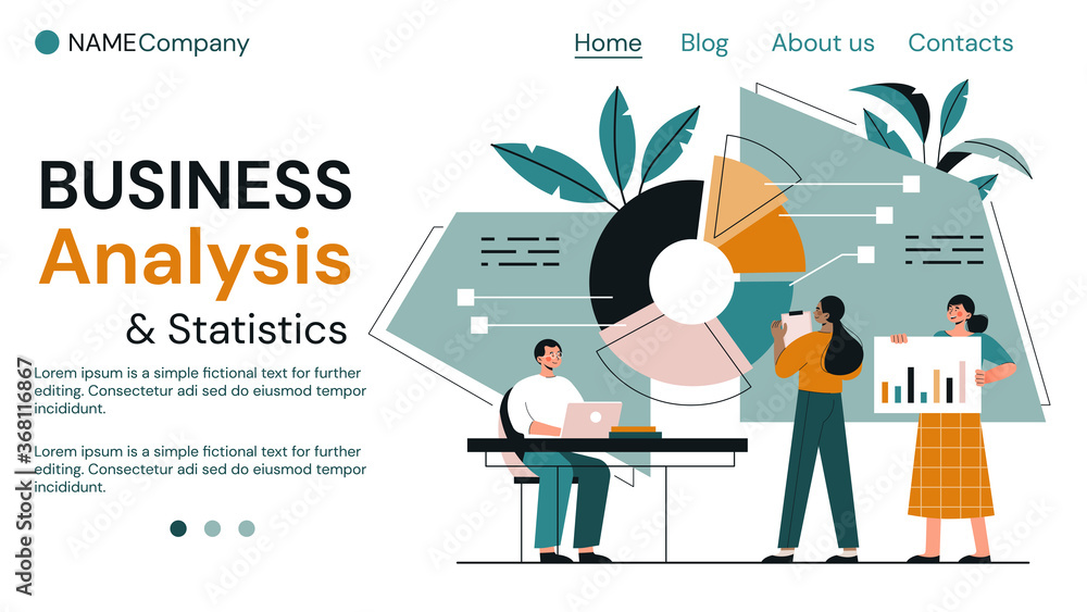 Poster business analysis and teamwork concept with diverse people analysing statistical charts and graphs a