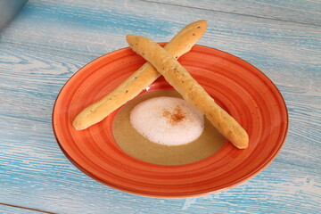 Mushroom soup puree with grissini