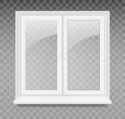 Vector illustration with white plastic window isolated on transparent background. Closed realistic vector window element of architecture and interior design.