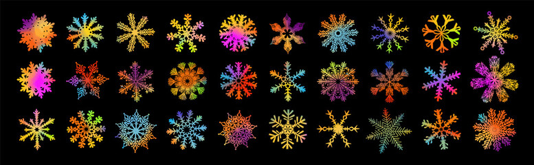 Fototapeta na wymiar A set of colorful beautiful snowflakes. Mixed media. Vector illustration