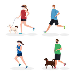 group young people wearing medical mask, practicing exercise with dogs, prevention coronavirus covid 19 vector illustration design