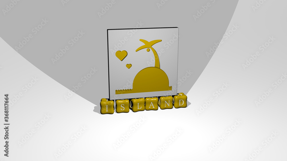 Poster 3d graphical image of island vertically along with text built by metallic cubic letters from the top