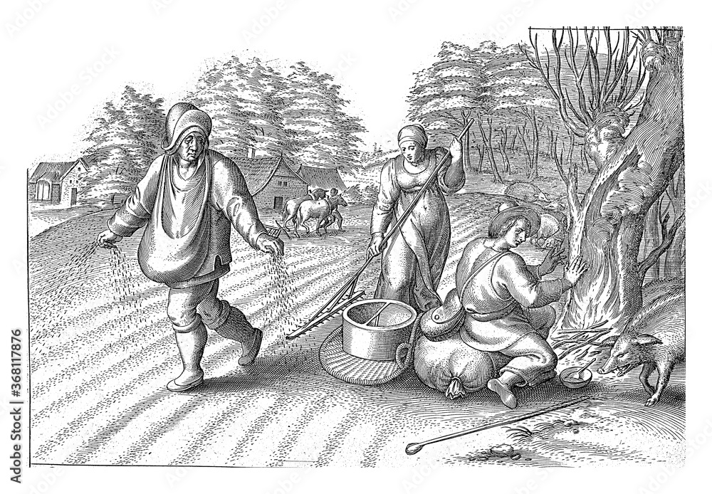 Wall mural sowing in the fields, vintage illustration.