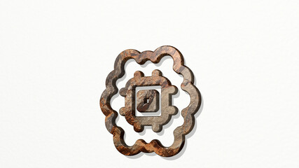 brain chip made by 3D illustration of a shiny metallic sculpture on a wall with light background. concept and human