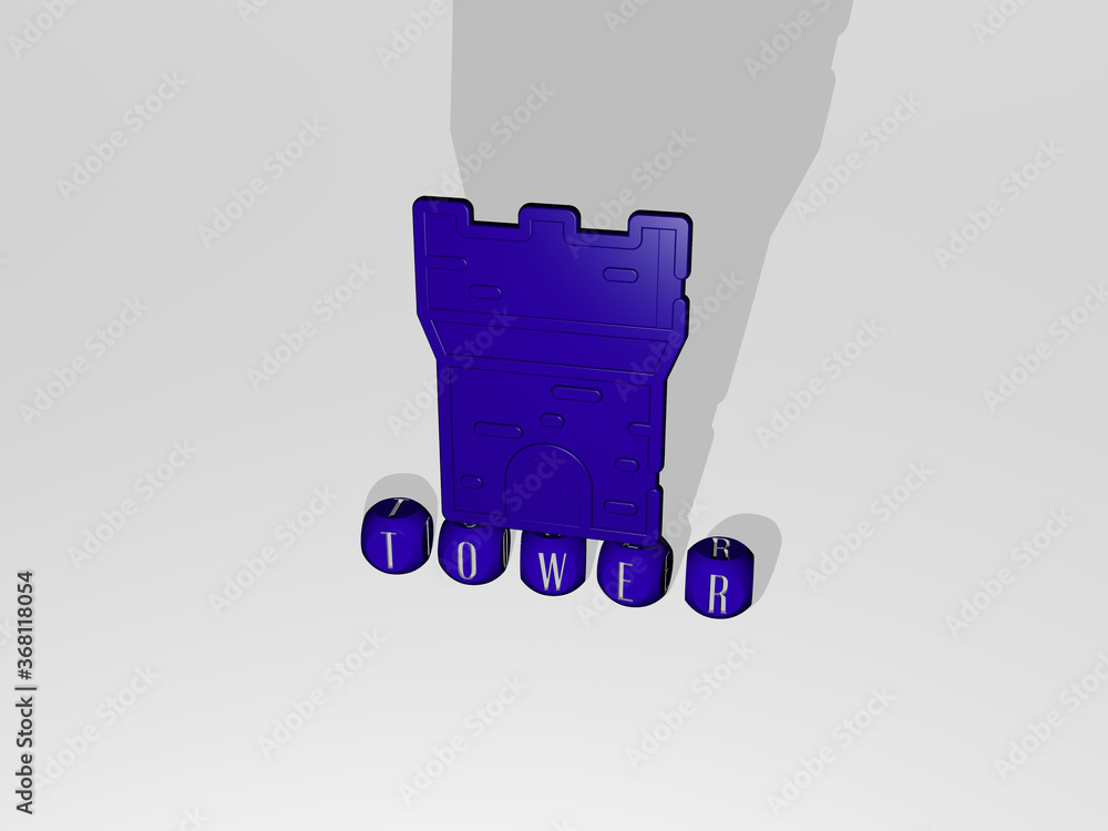 Poster 3d representation of tower with icon on the wall and text arranged by metallic cubic letters on a mi