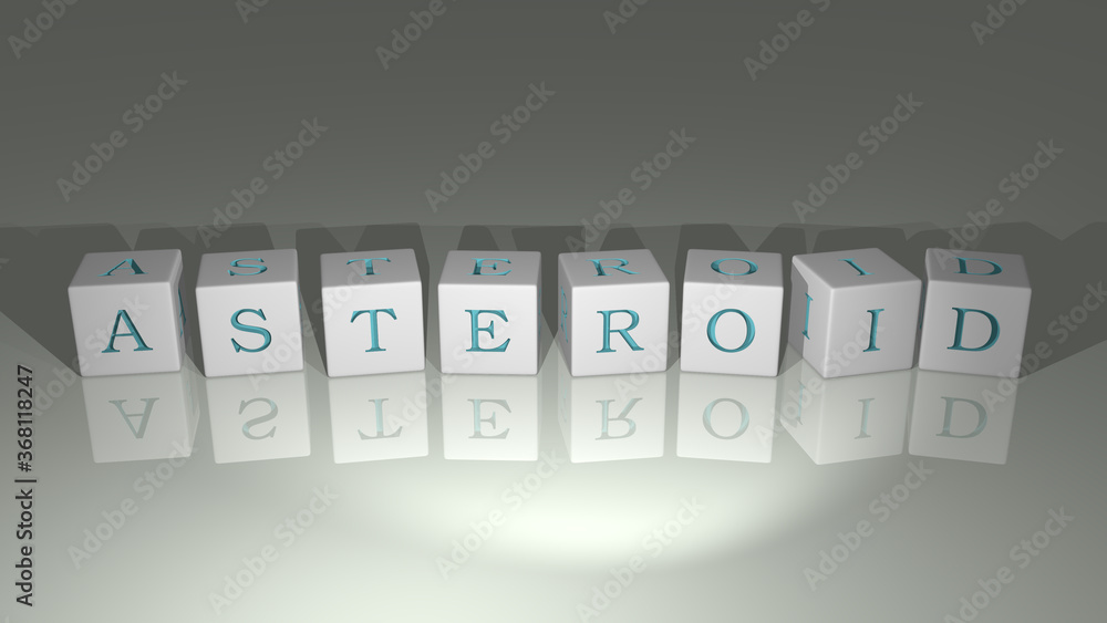 Poster alphabetic asteroid arranged by cubic letters on a mirror floor, concept meaning and presentation in