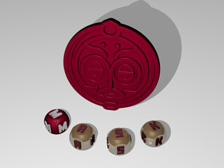 3D illustration of mask graphics and text around the icon made by metallic dice letters for the related meanings of the concept and presentations. background and face