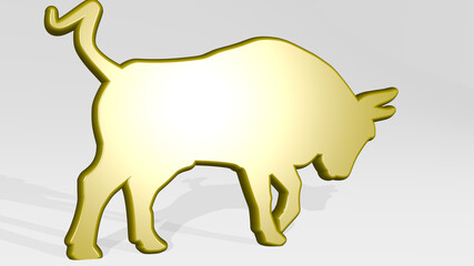 ANGRY BULL stand with shadow. 3D illustration of metallic sculpture over a white background with mild texture. cartoon and character