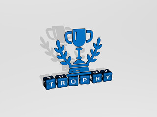3D graphical image of TROPHY vertically along with text built by metallic cubic letters from the top perspective, excellent for the concept presentation and slideshows. illustration and award