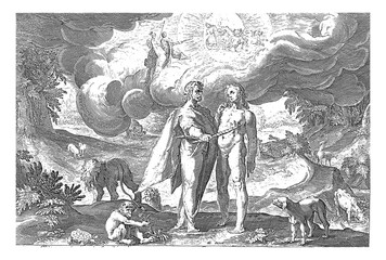 Prometheus gives man the fire, Hendrick Goltzius, vintage illustration. © Morphart