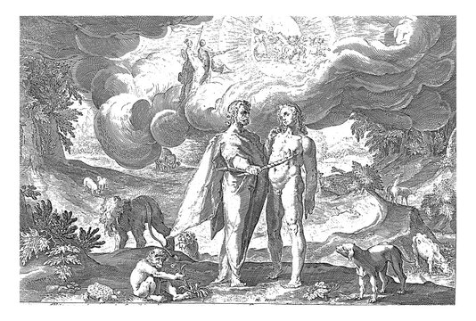 Prometheus gives man the fire, Hendrick Goltzius, vintage illustration.