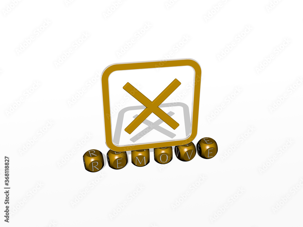 Poster 3d representation of remove with icon on the wall and text arranged by metallic cubic letters on a m