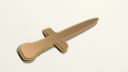 SWORD from a perspective on the wall. A thick sculpture made of metallic materials of 3D rendering. illustration and background